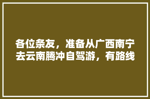 各位条友，准备从广西南宁去云南腾冲自驾游，有路线攻略可以推荐吗「南宁去云南旅游自驾攻略路线」 各位条友，准备从广西南宁去云南腾冲自驾游，有路线攻略可以推荐吗「南宁去云南旅游自驾攻略路线」 汽车常识