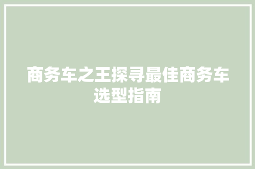 商务车之王探寻最佳商务车选型指南