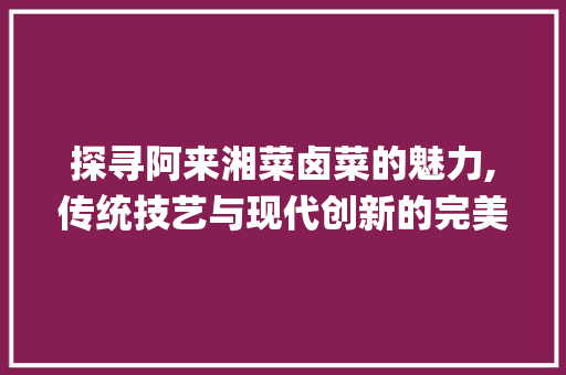 探寻阿来湘菜卤菜的魅力,传统技艺与现代创新的完美融合_阿来湘菜卤菜